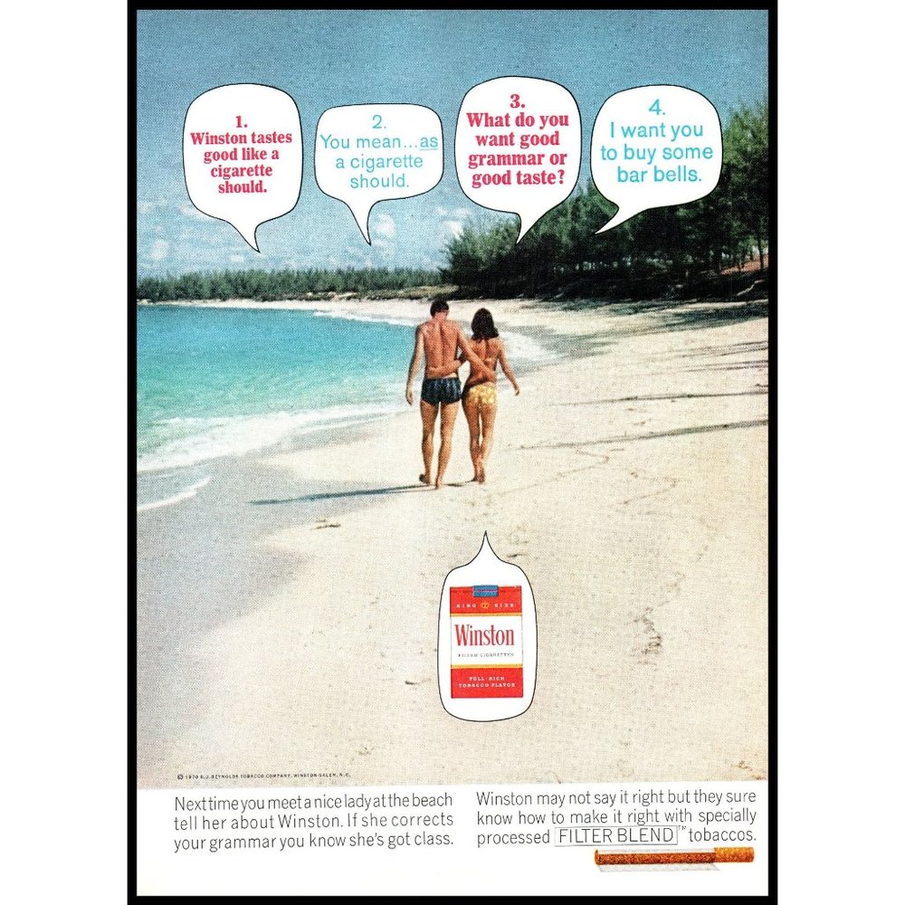 1970 Winston Cigarettes Vintage Print Ad Couple Walk on Beach White Sand Photo